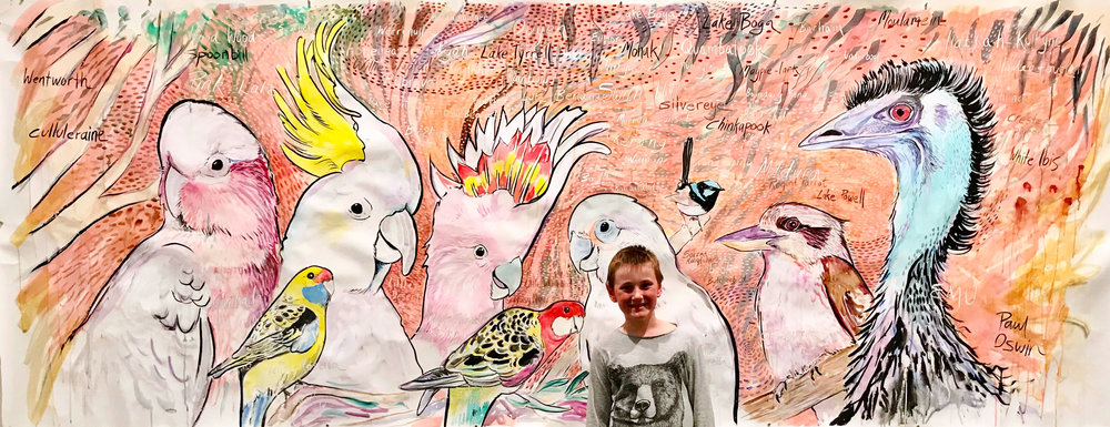 Art by Paul Oswin,.  Photo of child in front of large painting.