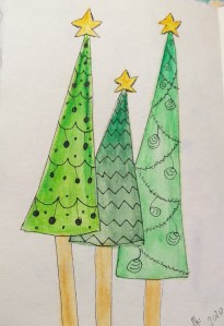 image of stylised christmas trees, painted in watercolour