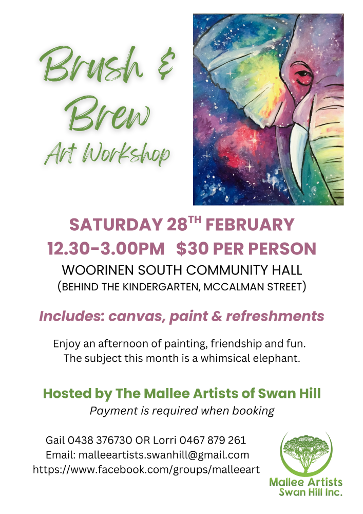 An image of the flyer promoting an art workshop to be held Saturday 28th February 2026 at 12.30pm for only $30.