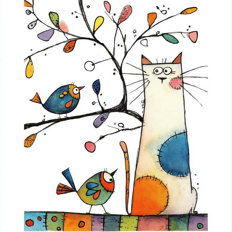 An image of a cat & bird painting