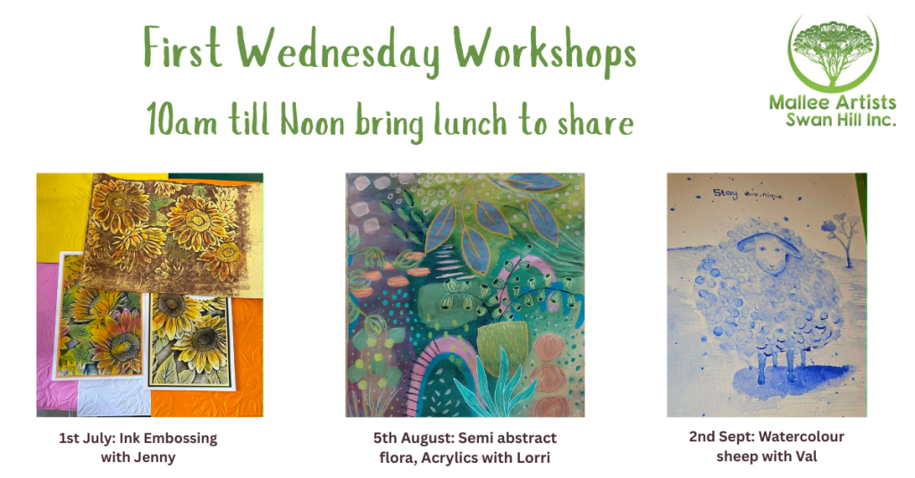 depicting three images of the next 3 workshops on offer by members.