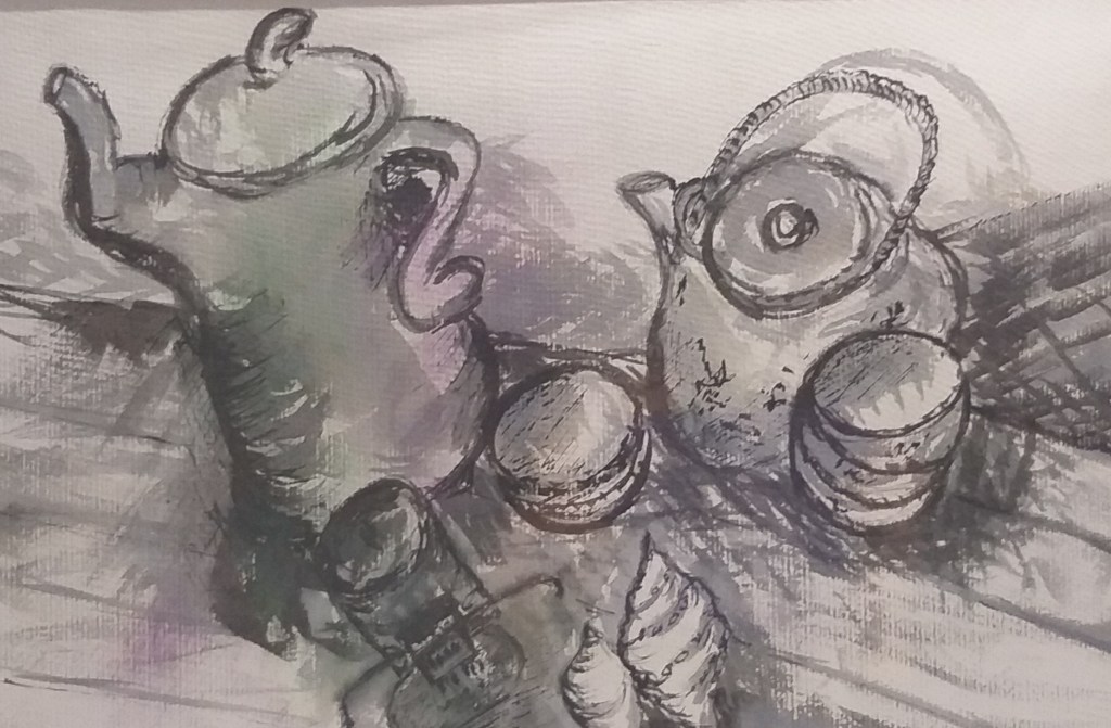 an ink drawing of teapots